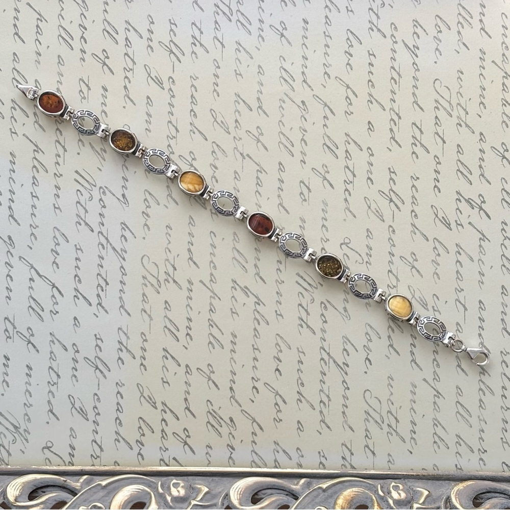 Multi Amber Oval Sterling Silver Women's Link Bracelet - Picture 3 of 5
